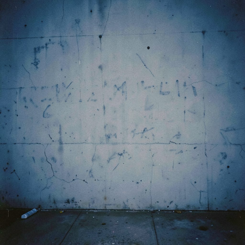 A black-and-white analog film photograph of ink wall drawings spanning a large interior wall, with visible grain and soft contrast, conveying a quiet gallery atmosphere.