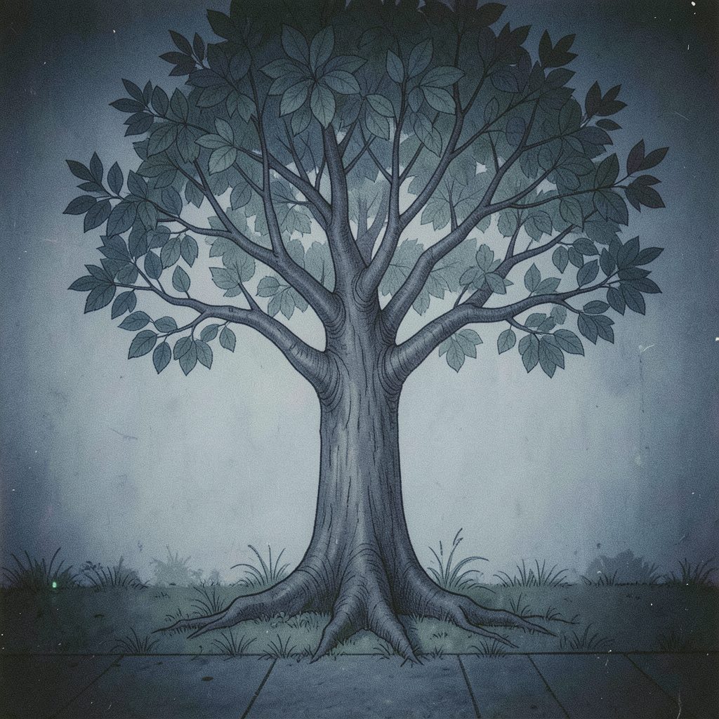 A grainy black-and-white analog photograph of a tree wall drawing, with delicate line work and organic forms against a light wall surface.