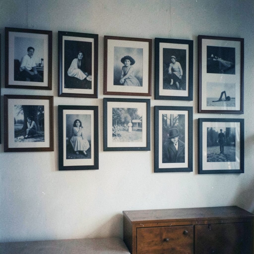 A monochrome photograph of a gallery wall featuring a large-scale wall drawing installation, with soft natural light and visible film grain.